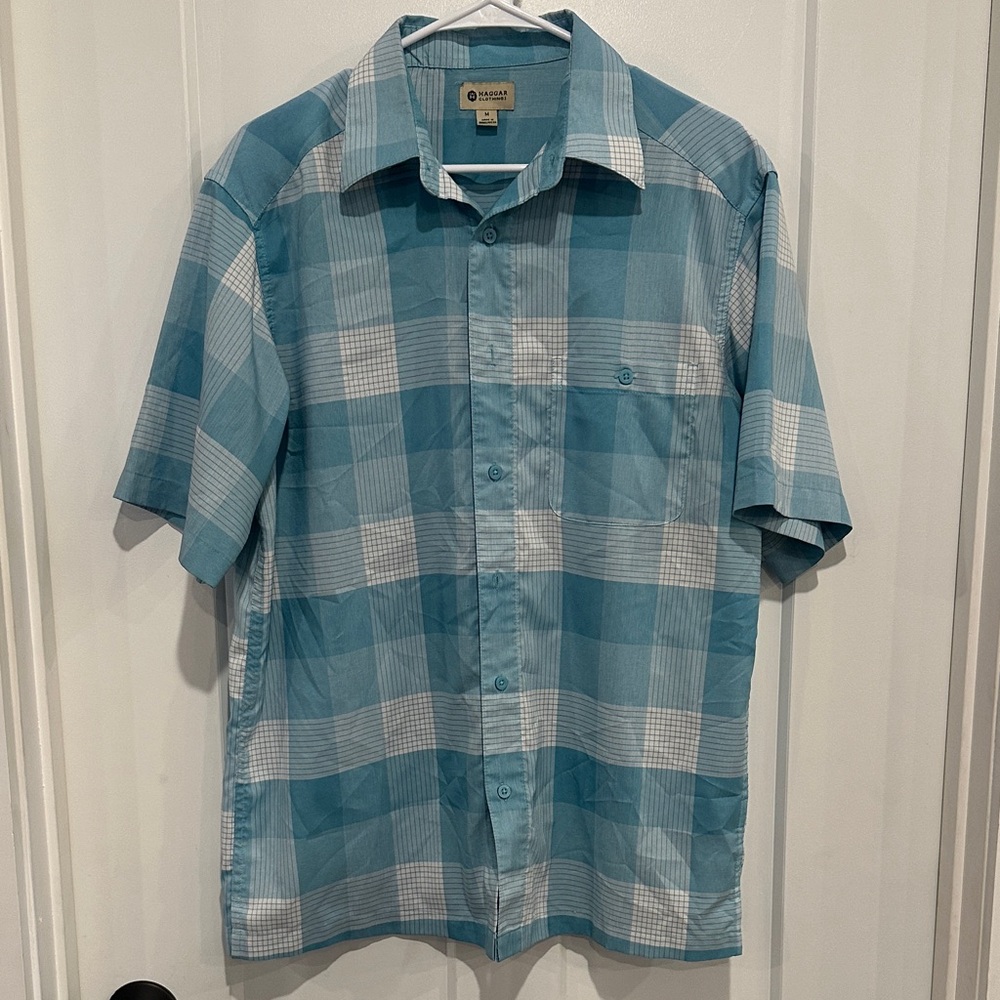 Haggar Teal and White Plaid Button Down Shirt